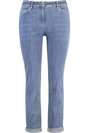 Samoon Damen Elastische 5-Pocket Jeans Betty mit Saumaufschlag unifarben, Washed-Out-Effekt leicht verkürztes Bein 42