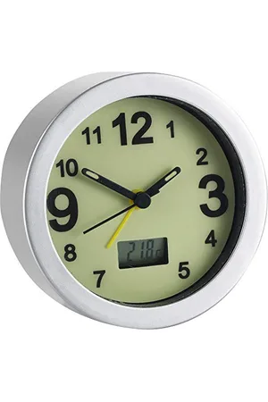MAXIMEX Wecker nachtleuchtend, Nachtleuchtende Uhr mit fluoreszierendem Ziffernblatt für sichtbare Uhrzeit auch im Dunkeln, leuchtende Zeiger, große Zahlen & Raumtemperaturanzeige, 9,5x9,5x3,8cm