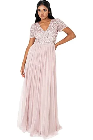 Maya Deluxe Abendkleid mit Pailletten Cocktailkleid Damen mit V-Ausschnitt Tüllkleid Rosa Größe 34