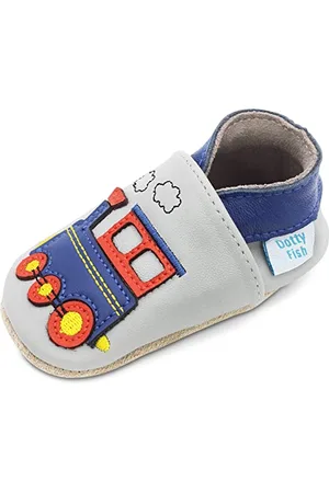 Dotty Fish Krabbelschuhe aus Leder – rutschfeste, weiche Sohle, Barfußgefühl, Lauflernschuhe & Babyschuhe für Jungen, Hellgrauer und Blauer Dampflok, 6-12 Monate (19 EU)