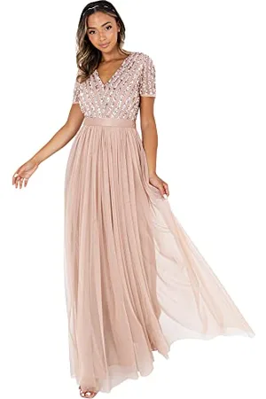 Maya Deluxe Damen Stripe Embellished Maxi With Sash Belt Bridesmaid Dress, , 52 EU