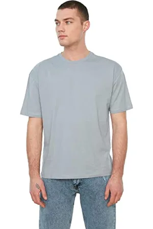Trendyol Herren Männliche Basic 100% Baumwolle Entspannte Passform Runder Kragen Kurzarm T-Shirt, Grau, M