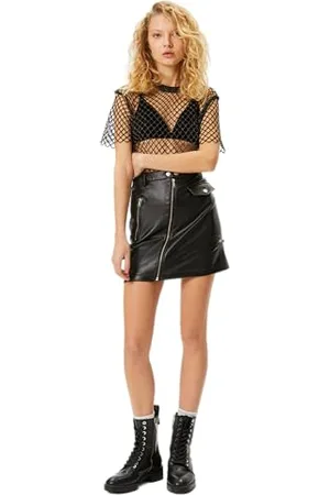 Koton Women Mini Faux Leather Skirt Zipper Slim Fit Pocket Detail