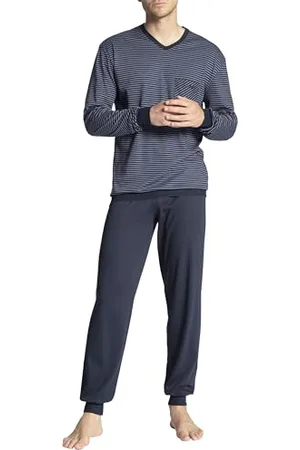 Calida Relax Streamline Bündchen-Pyjama Herren, aus 100% Baumwolle, Hose mit stoffbezogenem Gummibund