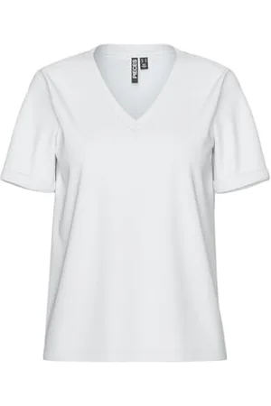 Pieces® Damen Pcria Ss V-Neck Solid Tee Noos Bc,Bright Whites