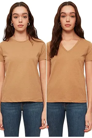 Trendyol Damen Suprem V-ausschnitt und Rundes Kragen 2 Packung Basic Gestricktes T-shirt T-Shirt Western, , L
