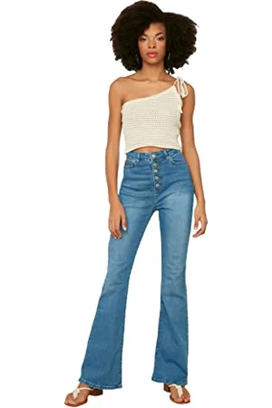 Trendyol Damen R Frontknopf mit Hoher Taille Flare-jeans Jeans Palazzo, Hellblau, 36