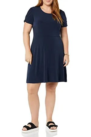 Amazon Damen Gerafftes A-Linien-Kleid mit kurzen Ärmeln und Rundhalsausschnitt (in Übergröße erhältlich), , M