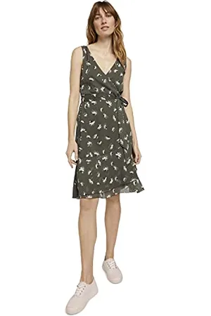 TOM TAILOR Damen 1025869 Chiffon Ärmelloses Chiffonkleid, 27428-Khaki Floral Design, 34