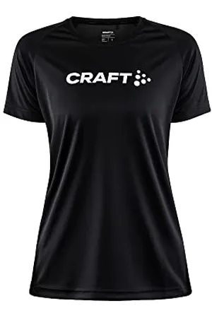 Craft CORE Essence Logo Tee | Sportshirt Damen XL | Black | Trainingsshirt Damen aus recyceltem Polyester | Regular fit | Sportshirt Damen Kurzarm mit geschwungenen Seitennähten