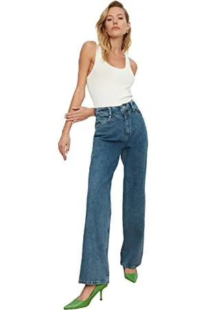 Trendyol Damen Waist Detailed High Waist 90s Wide Leg Jeans, Dunkelblau, 36 EU