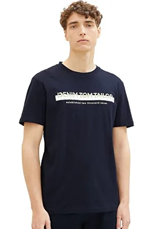 TOM TAILOR Herren Slim Fit T-Shirt mit Logo-Print aus Baumwolle, sky captain blue, XL