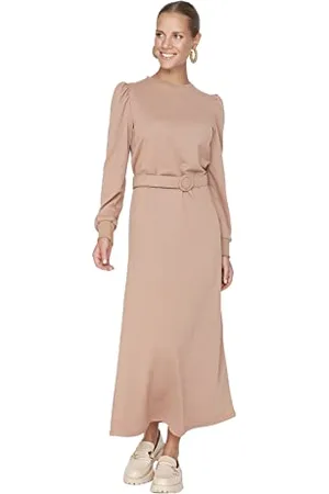 Trendyol Damen Woman Übergröße Mini Bodycon Rundhalsausschnitt Webstoff Große Größen in Kleid, , L EU