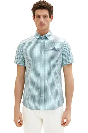 TOM TAILOR Herren 1036223 Slim Fit Kurzarm-Hemd, 31807-Turquoise Navy Check, XXL