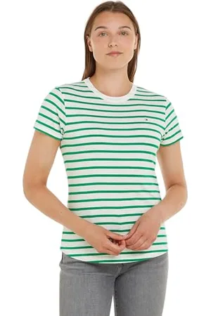 Tommy Hilfiger Damen T-Shirt Kurzarm 1985 Slub Slim Fit, Mehrfarbig (Breton Ecru/Olympic Green), XXL
