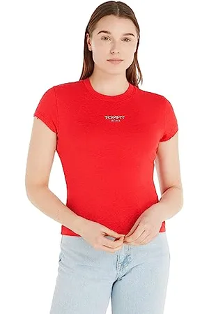 Tommy Hilfiger Damen T-Shirt Kurzarm Essential Logo Rundhalsausschnitt, (Deep Crimson), XL