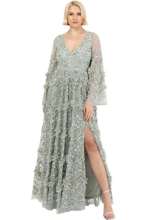 Maya Deluxe Damen Ladies Womens Maxi Dress V Neckline Sequin with Ruffle Empire Waist Slit Split for Prom Ball Bridesmaid Wedding Guest Kleid, , 54