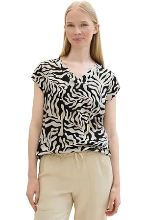 TOM TAILOR Damen Basic Kurzarm-Bluse mit Allover Print, black cut palmtree design, 38