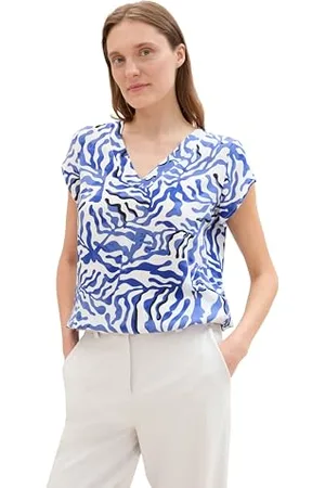 TOM TAILOR Damen Basic Kurzarm-Bluse mit Allover Print, white cut palmtree, 32