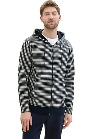 TOM TAILOR Herren Basic Langarmshirt mit Kapuze und Reißverschluss, navy multi stripe, M