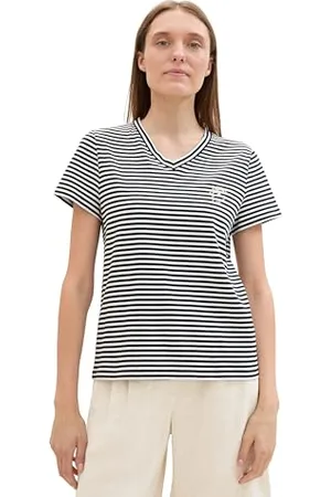 TOM TAILOR Damen Basic T-Shirt mit Stickerei, black offwhite stripe, L