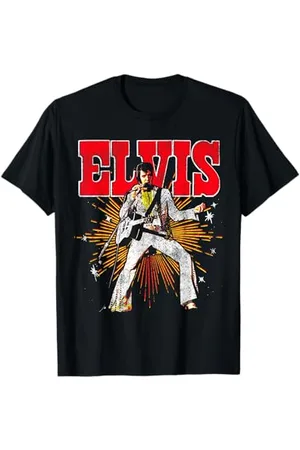 Elvis Presley Offiziell Lizenziertes Retro Design T-Shirt S Klassische Passform Halbarm Rundhals Pull-On 100% Baumwolle Standardlänge Erwachsener Männer Herren Damen Unisex Kinder