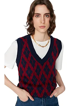 Trendyol Damen V-neck Diamond Pattern Regular Vest Sweater, Marineblau, S EU