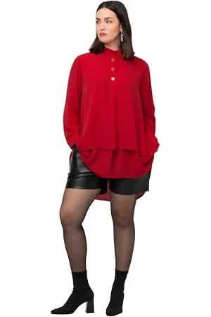 Ulla Popken Damen Tunika Volant mit Langarm Blusen, , 46-48