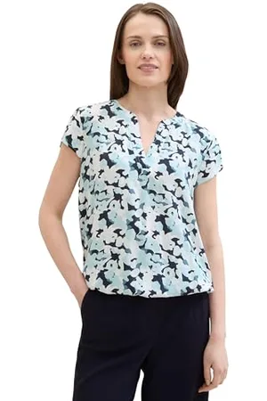 TOM TAILOR Damen Kurzarm-Bluse mit Muster , blue small floral design, 32