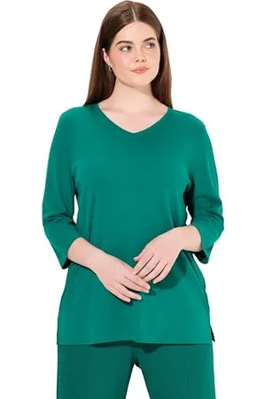 Ulla Popken Damen große Größen Übergrößen Plus Size Shirt, Rippjersey, V-Ausschnitt, 3/4-Arm, Biobaumwolle