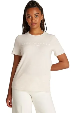 Tommy Hilfiger Damen T-Shirt Kurzarm Logo Rundhalsausschnitt, Elfenbein (Oatmilk Heather), L
