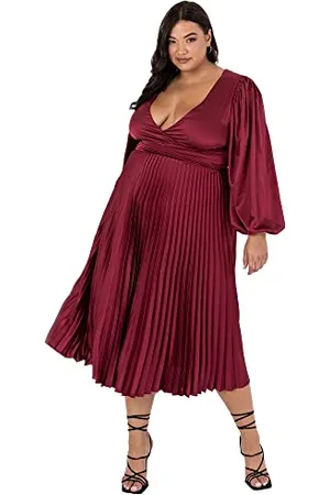 Lovedrobe Damen Pleated Midaxi Dress Ladies Evening Gown V Neckline Back Keyhole Long Sleeve Bishop Satin Burgundy A Line Kleid, Red, 26