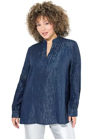 Ulla Popken Damen Bluse, Metallic-Streifen, A-Linie, V-Ausschnitt, Langarm, , 58-60 EU