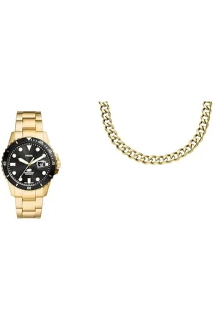Fossil Herrenuhr Blue Dive und Halskette Schmuck, goldfabener Edelstahl, Set