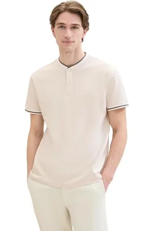 TOM TAILOR Herren Basic Piqué Poloshirt mit Stehkragen, ecru white two tone, XXXL
