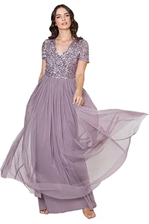 Maya Deluxe Abendkleid mit Pailletten Cocktailkleid Damen mit V-Ausschnitt Tüllkleid Lila Größe 54