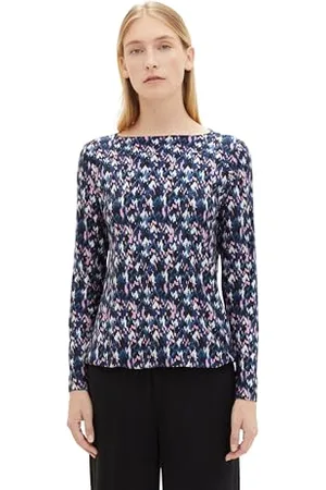 TOM TAILOR Damen Langarmshirt mit Muster, blue small texture design, S