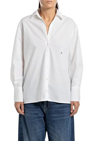 Replay Damen Hemd Langarm Oversized, Weiß (White 001), S