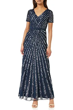 Maya Deluxe Damen Maxi Womens Ladies Embellished Sequin Dress Long Short Sleeve V Neck High Empire Waist A Cut Shiny Prom Wedding Brautjungfernkleid,