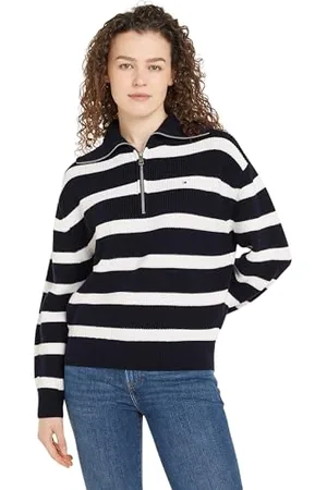 Tommy Hilfiger Women CO Cardi Stitch 1/2 Zip Sweater WW0WW42141 Blue (Desert Sky/Ivory Petal Stripe) M