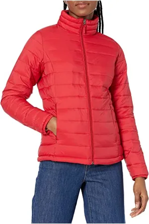 Amazon Damen Leichte, langärmelige, Wasserabweisende, packbare Pufferjacke (in Übergröße erhältlich), Rot, S