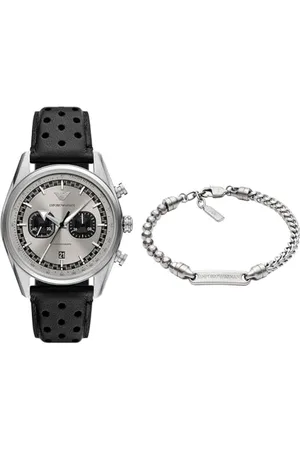 Emporio Armani Herren Schwarze Leder Uhr und Armband Silberfarbener Edelstahl, Set
