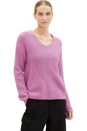 TOM TAILOR Damen 1039242 Basic Pullover mit V-Ausschnitt, 33963-mauvy Plum Melange, XL