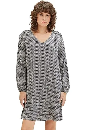 TOM TAILOR Damen Kleid aus Viskose mit V-Ausschnitt, navy geometrics print small, 32