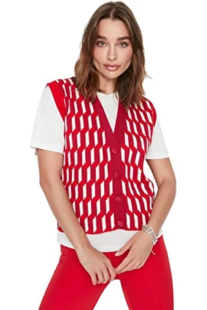 Trendyol Damen V-neck, Chequered Regular Knitted Vest Sweater, Fuchsia, M EU