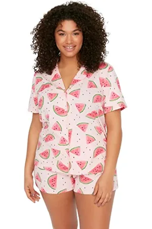 Trendyol Damen Women with Slogan Knit Shirt-Short Plus Size Pajamas Set Pyjama, , 3XL
