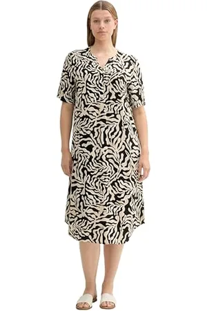 TOM TAILOR Damen Plussize Basic Kurzarm-Kleid mit Allover Print, black cut palmtree design, 46