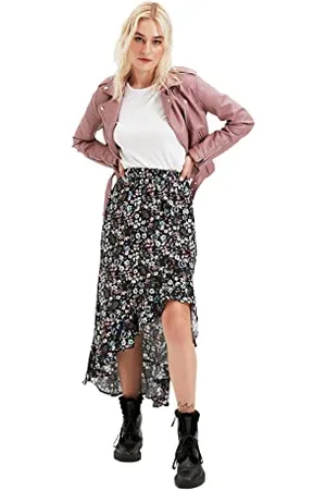 Trendyol Damen The Asymmetric Midi With Purple Ripples Skirt, , 34 EU