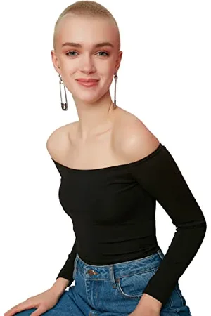Trendyol Damen Carmen Kragen Crop gestrickte Bluse Blouse, , L