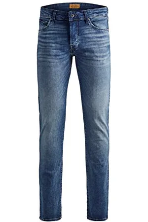 JACK & JONES Jeans Slim Fit Denim Stretch Hose mit Knopfleiste und braunen Nähten JJIGLENN JJICON, Farben:Blau,Größe Jeans:W36 L36,Z - Länge L30/32/34/36/38:L36